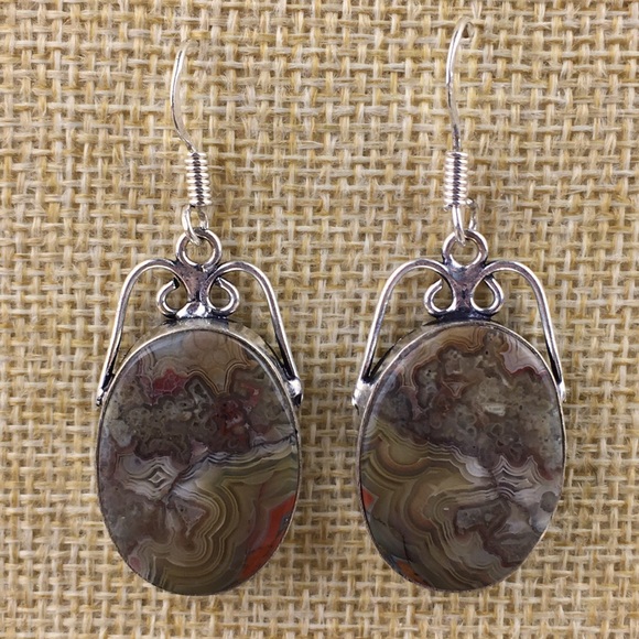 Crazy Lace Agate Stone Hook Dangle Earrings - Picture 2 of 10